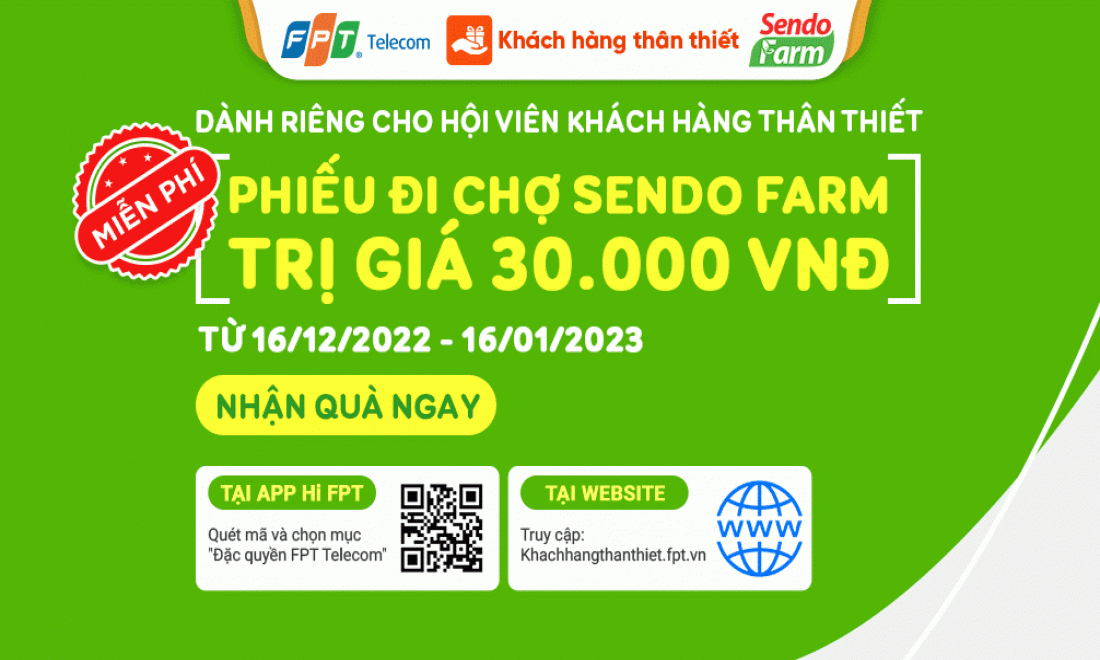 Miễn phí 3000 voucher mua hàng Sendo Farm dành cho Khách hàng thân thiết