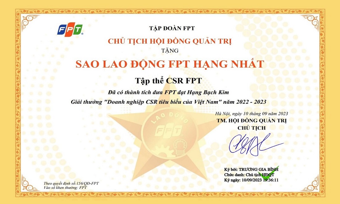 Quỹ Người FPT Vì cộng đồng nhận Sao Lao động hạng Nhất
